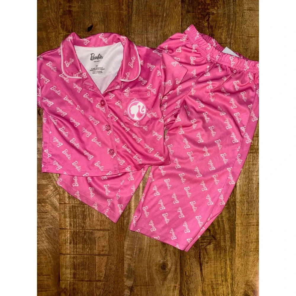 Barbie Girls Pink Logo Pajama Set 2pc Button Down Shirt Pants 2T